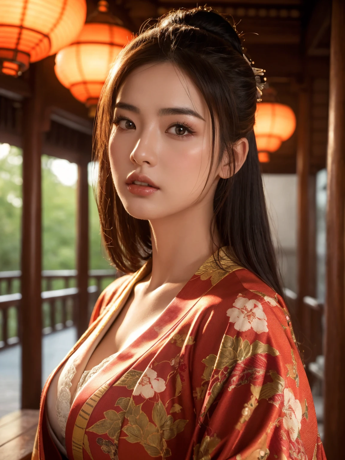 big breasted japanese woman in elaborate kimono, ornate shrine, cinematic atmosphere, (best quality,4k,8k,highres,masterpiece:1.2),ultra-detailed,(realistic,photorealistic,photo-realistic:1.37),(looking at viewer),highly detailed face,beautiful detailed eyes,beautiful detailed lips,extremely detailed eyes and face,long eyelashes,intricate kimono design,ornate shrine background,warm lighting,dramatic shadows,vibrant colors,photorealistic