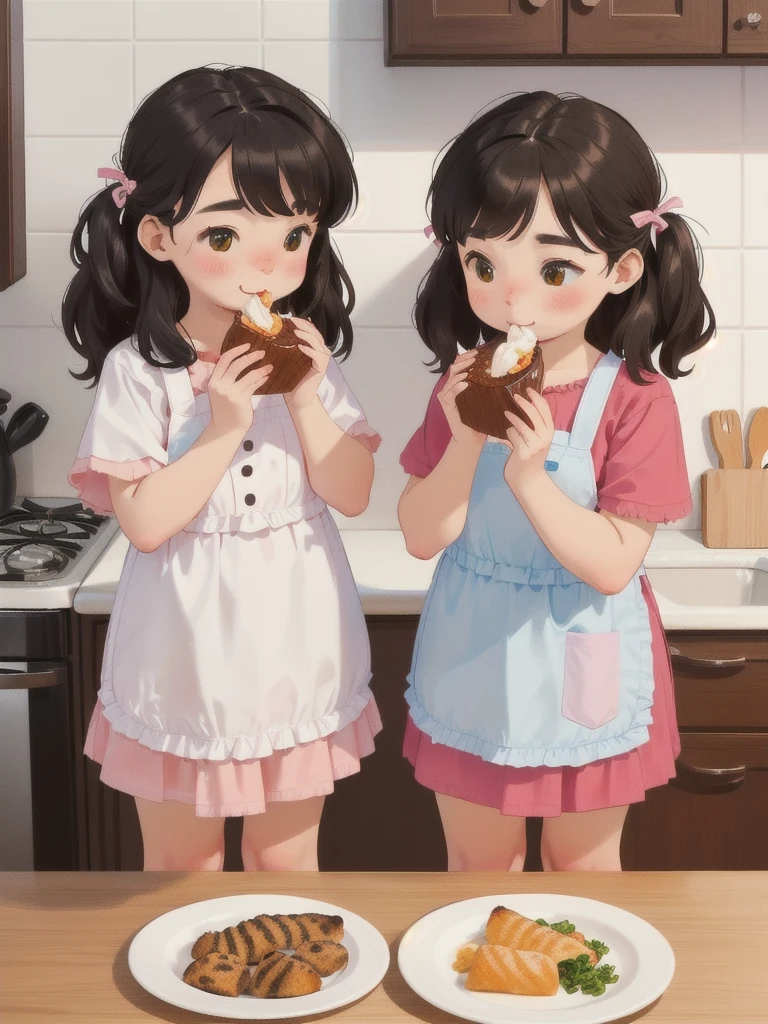 nobody,Two cute kittens,In the kitchen,Eating delicious food,Children's illustrations,This illustration is a 4K high-definition illustration,Rich facial features,Cartoon Style,cartoon animals,In the kitchen的猫