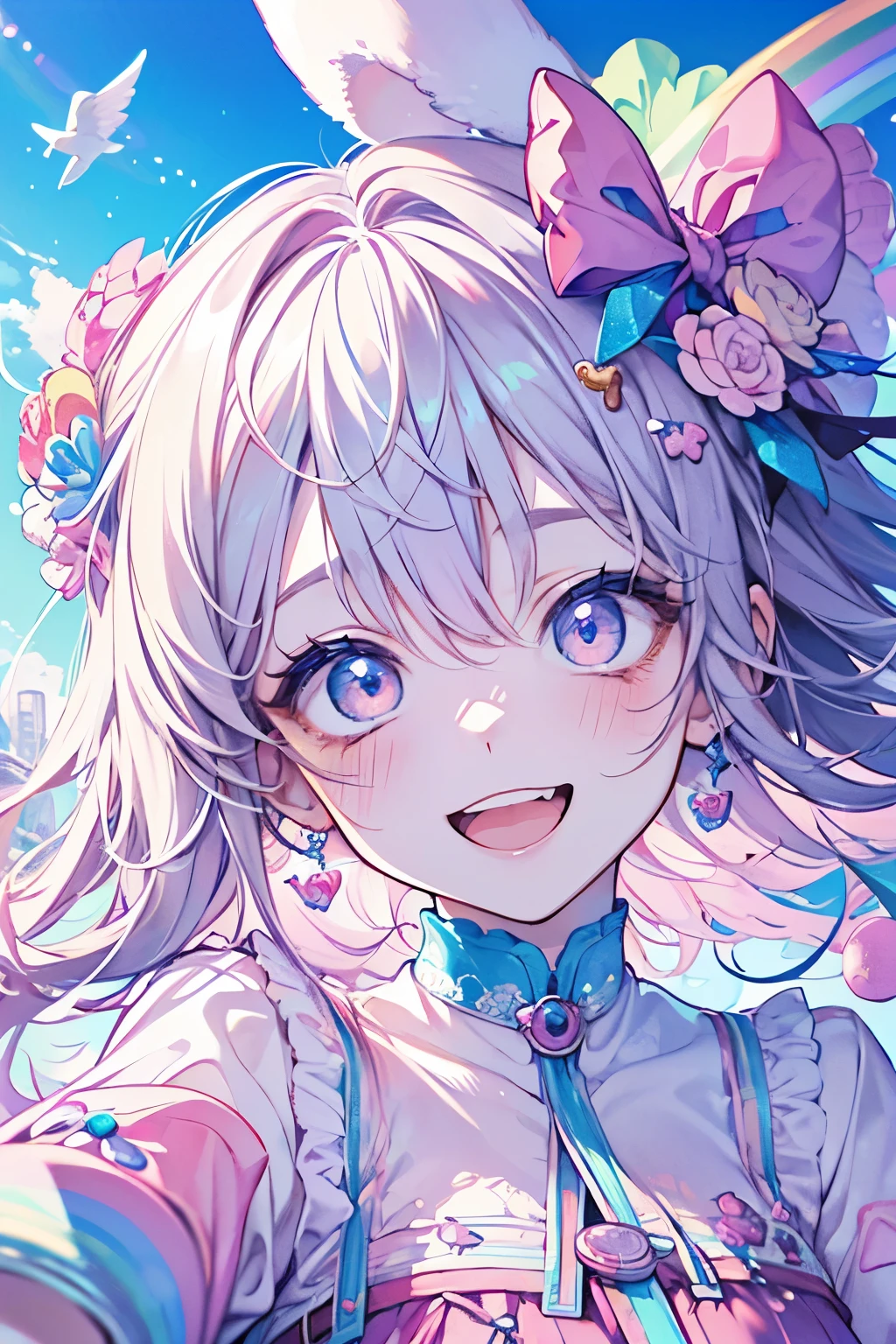 chibi character,Rabbit motif,(brush),((cute,kawaii,wonderland)),((pastel color)),((Cute assortment)),(Blushed cheeks),((Open mouth and big smile:1.3)),Shiny beige hair,(Rainbow),((Angel:1.2)),((Toys and sweets flying everywhere:1.25)),(nsfw:0.8).