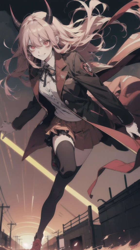 Anime girl with horns and glowing eyes running down the street, With glowing eyes, Wicked smile and glowing eyes, Devil Anime Girl, 赤くWith glowing eyes, Danganronpa digital art, Devil Girl, [[[[smile wickedly]]]], Red eyes glow, everyone, Spectacular anime style, Shining eyes everywhere, Devil Boy
