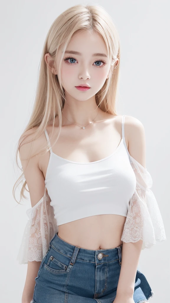 (((Tank top、Off-the-shoulder blouse、mini skirt、White background、Big Breasts)))、forehead、Big Breasts、Northern Europe、Russia、beautiful girl、Platinum Blonde Hair、Straight long hair、Hitting the face and front of the eyes、Big blue eyes、Sheer white and wet nightgown、Northern Europeの若者、Perfect body、White tendons、Glowing Skin、Young and beautiful skin、A perfect and beautiful little face、Bright makeup、Pale pink lips、Bright expression、16-year-old girl、lipstick、Deceptive advertising、Viewer&#39;s vision、Golden Hour Lighting、Bokeh Atmosphere Perspective、detailed、Movie Light、複雑なdetailed、High resolution、 フェイスデザインのdetailedな特徴、Attention to detail、Clear focus、Smoothness、aesthetics、Printed、Octane、{{masterpiece}}