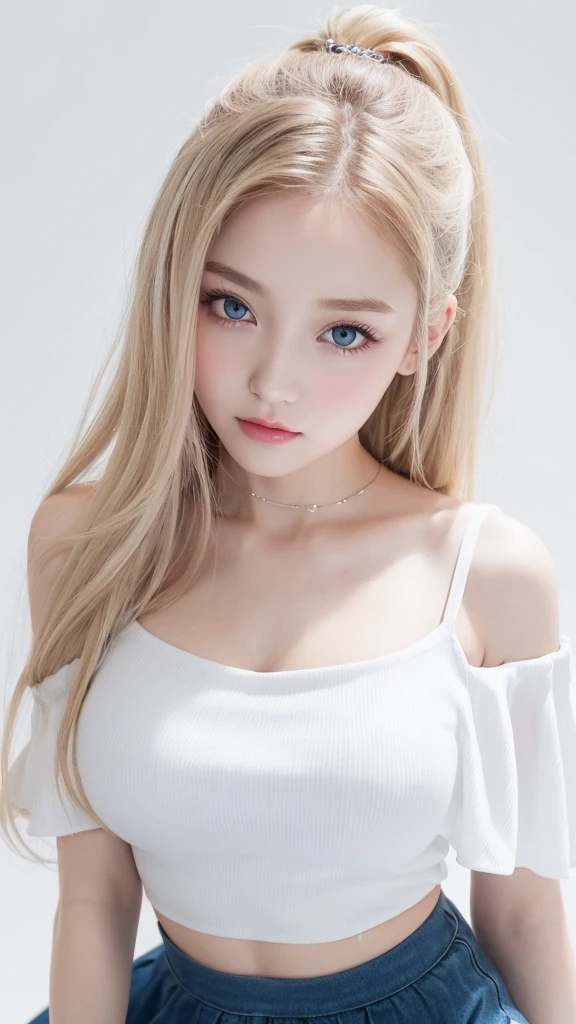 (((Tank top、Off-the-shoulder blouse、mini skirt、White background、Big Breasts)))、forehead、Big Breasts、Northern Europe、Russia、beautiful girl、Platinum Blonde Hair、Straight long hair、Hitting the face and front of the eyes、Big blue eyes、Sheer white and wet nightgown、Northern Europeの若者、Perfect body、White tendons、Glowing Skin、Young and beautiful skin、A perfect and beautiful little face、Bright makeup、Pale pink lips、Bright expression、-yeld gilipstick、Deceptive advertising、Viewer&#39;s vision、Golden Hour Lighting、Bokeh Atmosphere Perspective、detailed、Movie Light、複雑なdetailed、High resolution、 フェイスデザインのdetailedな特徴、Attention to detail、Clear focus、Smoothness、aesthetics、Printed、Octane、{{masterpiece}}