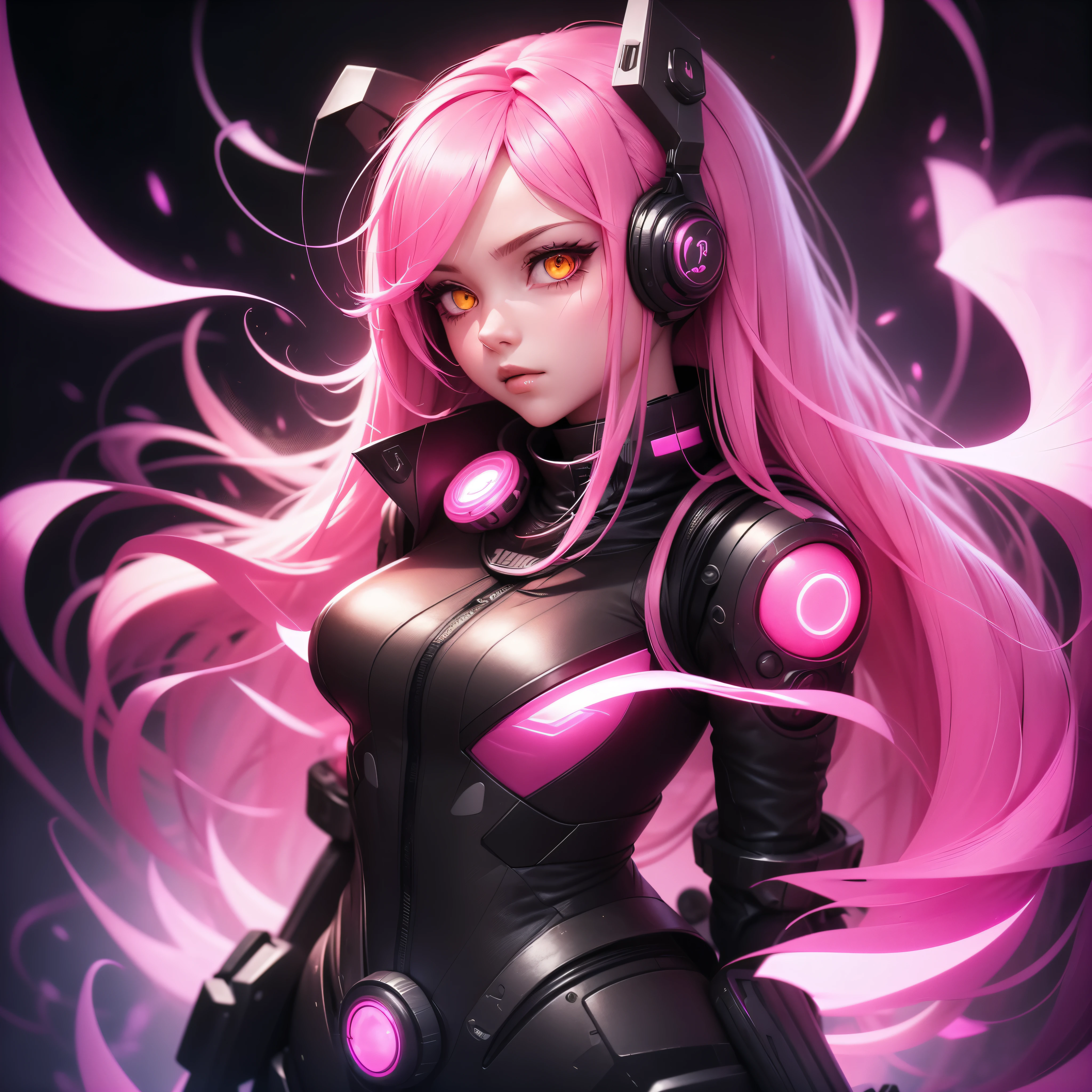 Lonely Android Girl with long pink hair in a pink suit with small yellow elements woman half cyborg modification Beautiful sexy with bright yellow eyes stands in full height with a half turn sideways Anime Style black background Cyberpunk style, Robot Girl, black background image of night black city and pink neon lights