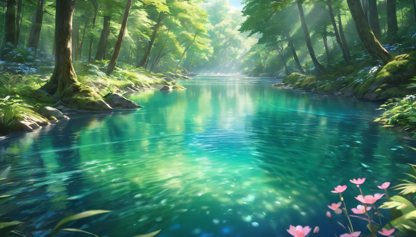 long eyelashes, serene peaceful forest, crystal clear spring, rippling water, anime style, distant background, (best quality,4k,8k,highres,masterpiece:1.2),ultra-detailed,(realistic,photorealistic,photo-realistic:1.37),vibrant colors, soft lighting, natural scenery