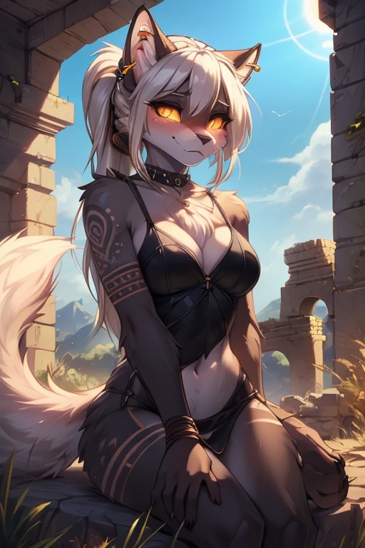 ((best quality, masterpiece, perfect anatomy, detailed picture)), furry, 1female, , two tone fur, black body, grey fur, y, long white hair, ponytail hair, fluffy feline tail, yellow sclera, tribal tattoo, ear rings, red blushing, shy, in the ruins, portrait, illustration, eclipse landscape add_detail, golden bon