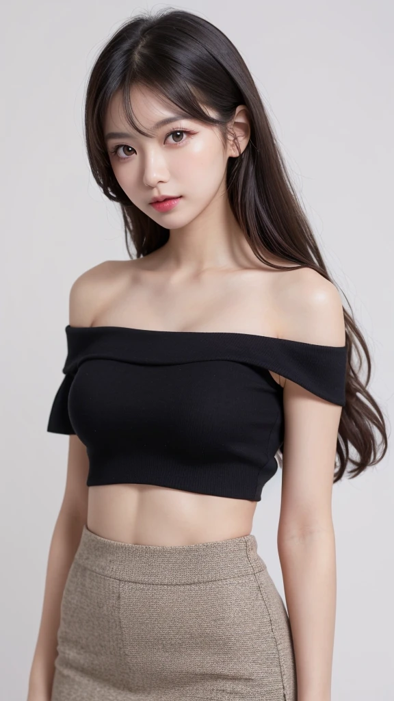 (((forehead、Northern Europe、White people、beautiful girl、Black Hair、White background、Tank top、Off-the-shoulder blouse、mini skirt、long hair、Perm)))、table top, highest quality, figure, super detailed, finely, High resolution, 8k wallpaper, Perfect dynamic composition, detailed and beautiful eyes, Deco out,bionde, super big breasts, Natural color lip,white background, random cute poses,