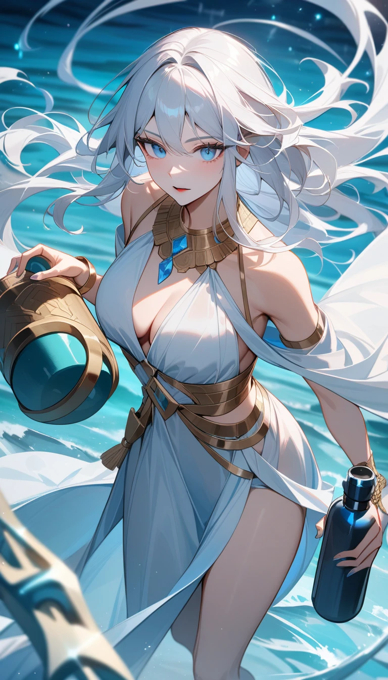 (Huang Li、high quality、Extremely detailed),Constellation - Aquarius Goddess,Giant drifting bottle,Woman holding a drift bottle,Similar to Latin goodness,brave,capricious,Productivity,The face of enterprising and humanitarianism,White hair,Ancient Greek costumes、Wrap Dress,The background is the ocean,Light crystal blue eyes(Eyes Details),Powerful appearance