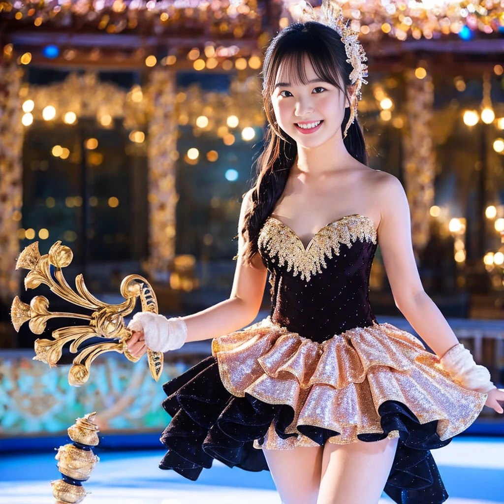 Highest quality, masterpiece, Very detailed, 8K, Beautiful Japanese girl:1.5, Small face, (Detailed and glamorous figure skating costume:1.5, Figure Skating Boots), Breast Augmentation Surgery, Very detailedな臭い脇の下、 Skating rink