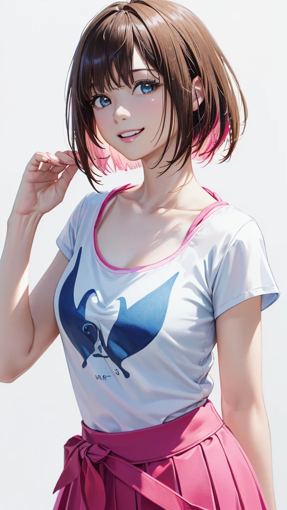(Highest quality、8K、32k、masterpiece)、(Realistic)、(Photorealistic:1.2)、(High resolution)、Very detailed、Very beautiful face and eyes、1 Girl、Round and small face、Narrow waist、Delicate body、(Highest quality、High detail、Rich skin detail)、(Highest quality、8K、Oil paint:1.2)、Very detailed、(Realistic、Realistic:1.37)、Bright colors、(((I have pink hair)))、(((Bust Shot)))、(((Bob Hair)))、(((Even bangs)))、(((White wall background)))、(((White wall background)))、(((She has a happy expression)))、(((Wearing a light blue T-shirt)))、(((T-shirt with beach pattern on chest..)))、(((Look straight ahead)))、(((The skirt is short)))、(((Teeth are visible)))、(((Hands are above the head)))、Nipple erection、