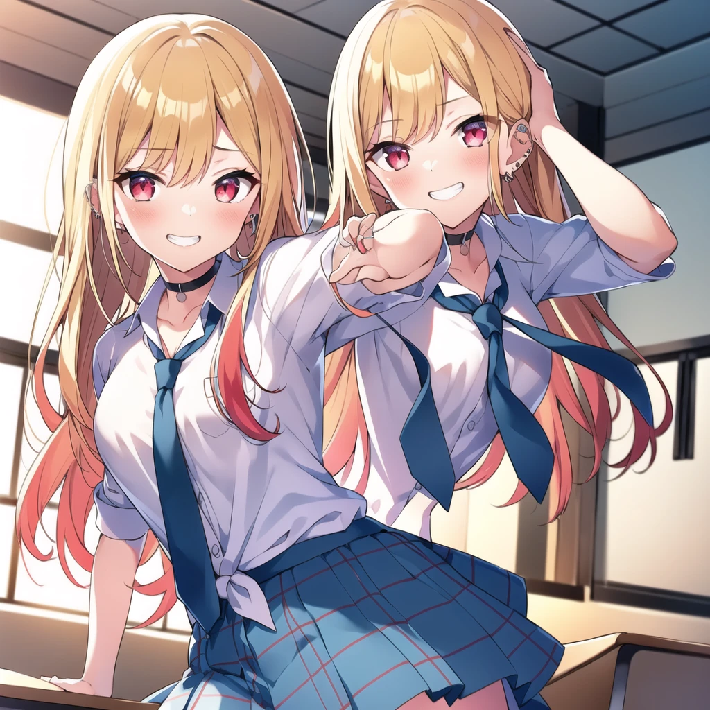 masterpiece, best quality, kitagawa marin, 1girl, blonde hair, long hair, multicolored hair, red eyes, jewelry, earrings, piercing, , white shirt, tied shirt, black choker, blue necktie, plaid skirt, indoors, inside, classroom, open smile, pose, desks