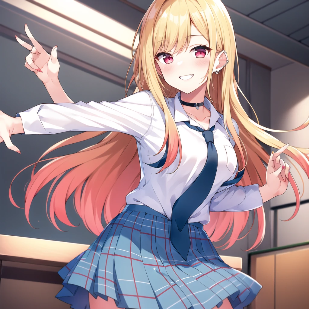 masterpiece, best quality, kitagawa marin, 1girl, blonde hair, long hair, multicolored hair, red eyes, jewelry, earrings, piercing, , white shirt, tied shirt, black choker, blue necktie, plaid skirt, indoors, inside, classroom, open smile, pose, desks