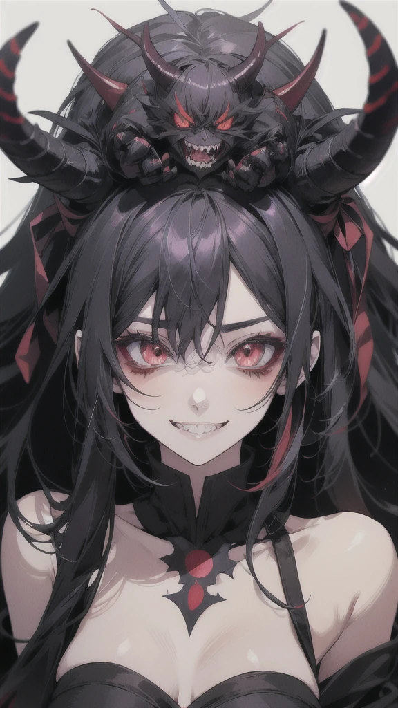 anime girl with red eyes and a black bird on her head, kawacy, ahegao, demon anime girl, evil smile and glowing eyes, anime monster girl, ahegao face, [[[[grinning evily]]]], evil smile, evil grin, gapmoe yandere grimdark, portrait gapmoe yandere grimdark
