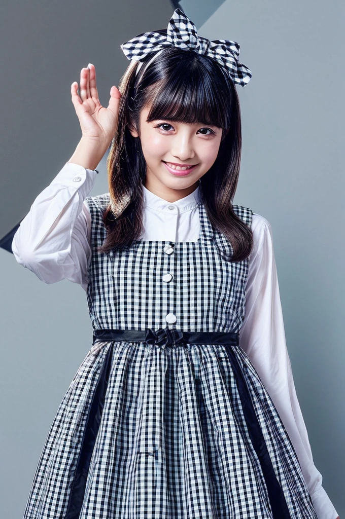 (8K, 4K, Best Quality, High Definition, Ultra High Definition: 1.1), (Masterpiece, Realistic, Photorealistic: 1.1), 1girl, Japanese woman, model's expression, Smooth, straight black hair with bangs, large expressive eyes with a hint of eyeliner, clear fair skin with a natural glow, a friendly warm smile with straight white teeth, wearing a stylish dress with a white collar and black bow featuring a checkered pattern, posing with hands raised near the face displaying a cheerful and approachable demeanor, ensure the overall look is appealing to a wide audience while maintaining elegance and beauty.