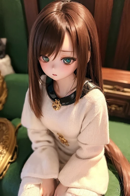 (SFW:2), photorealistic, realistic photo, ((highest quality)), ((masterpiece)), (extremely detailed), kukolnydom, doll, (mature woman, 22yo, 22 years old:1.6), solo, eye level shot, sitting on sofa, hands on knees, brown hair, green eyes, (looking down, blank eyes, empty eyes, detailed eyes:1.3), parted lips, dress, museum, 8k