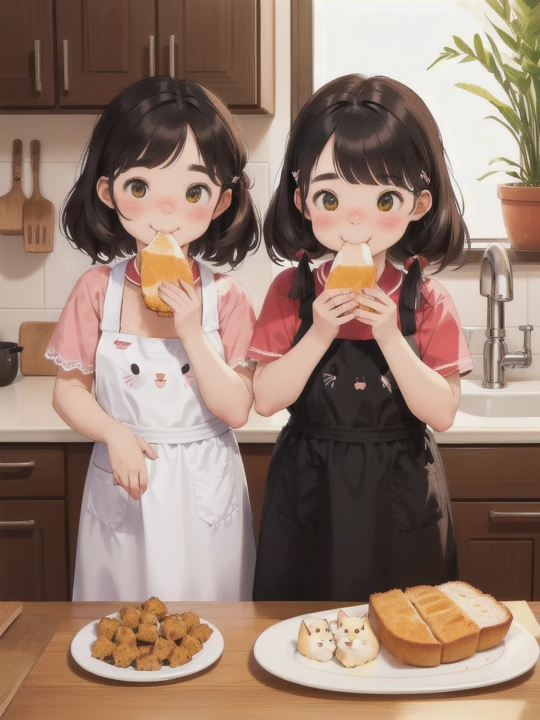 Two cute kittens，In the kitchen，Eating delicious food，Children&#39;s illustrations，This illustration is a 4K high-definition illustration，Rich facial features，Cartoon Style，cartoon animals，In the kitchen的猫