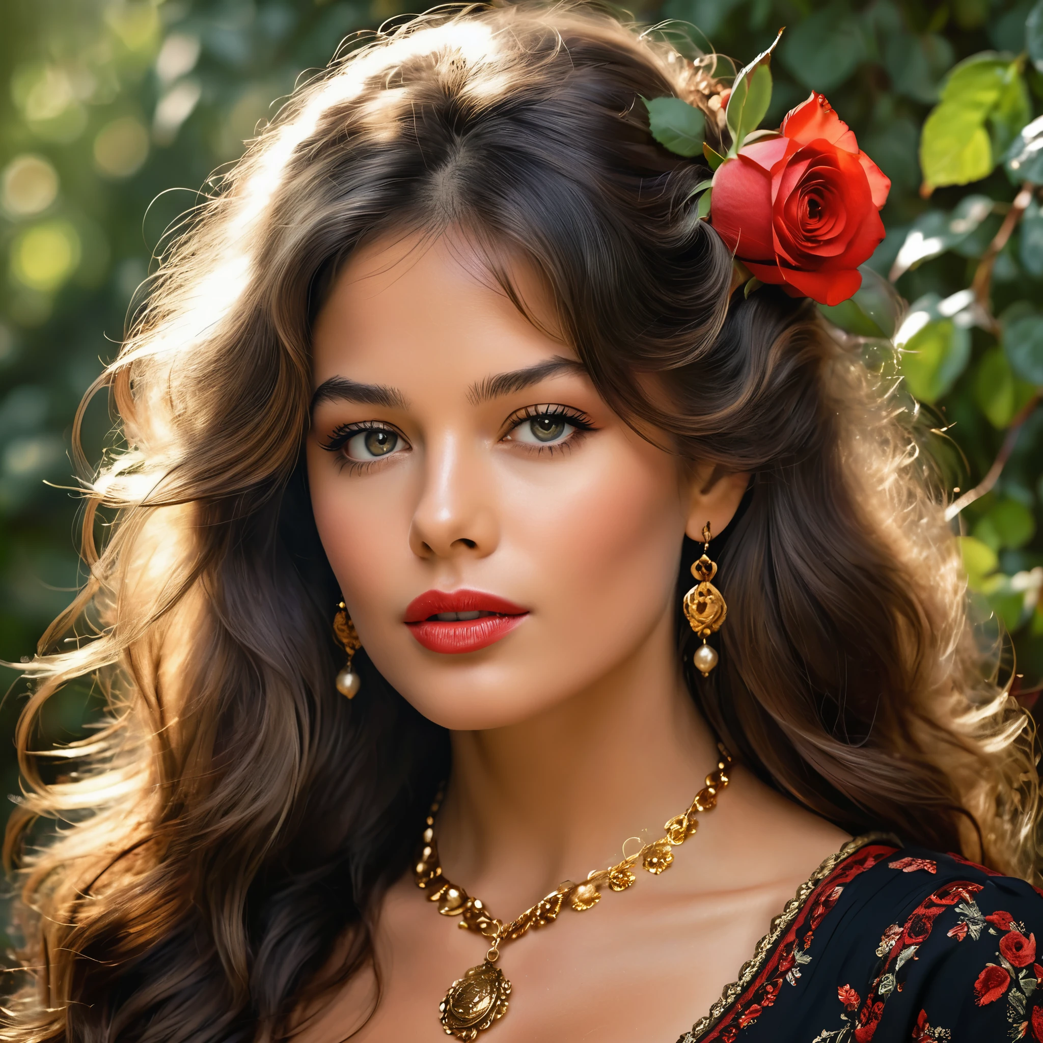 Create a highly detailed and realistic portrait of a young Brigitte Bardot with long, wavy black hair adorned with red roses. She has striking, expressive eyes and a calm, composed expression. She is wearing a vintage-style outfit with a necklace featuring a pendant. The background is a soft-focus natural setting with warm, dappled sunlight filtering through the leaves, enhancing the serene and romantic atmosphere. The style should be hyper-realistic with a touch of romanticism. Photo Realistic photo, vibrant colors, 16k