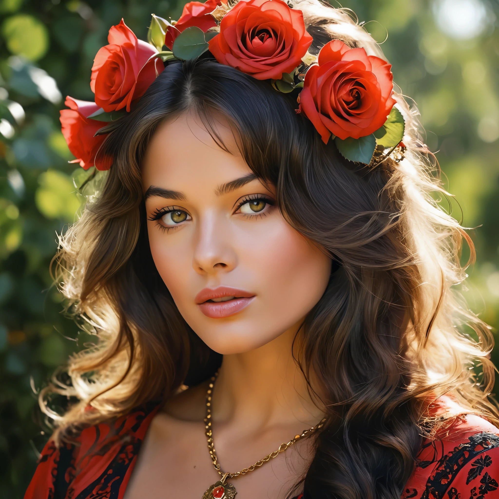 Create a highly detailed and realistic portrait of a young Brigitte Bardot with long, wavy black hair adorned with red roses. She has striking, expressive eyes and a calm, composed expression. She is wearing a vintage-style outfit with a necklace featuring a pendant. The background is a soft-focus natural setting with warm, dappled sunlight filtering through the leaves, enhancing the serene and romantic atmosphere. The style should be hyper-realistic with a touch of romanticism. Photo Realistic photo, vibrant colors, 16k