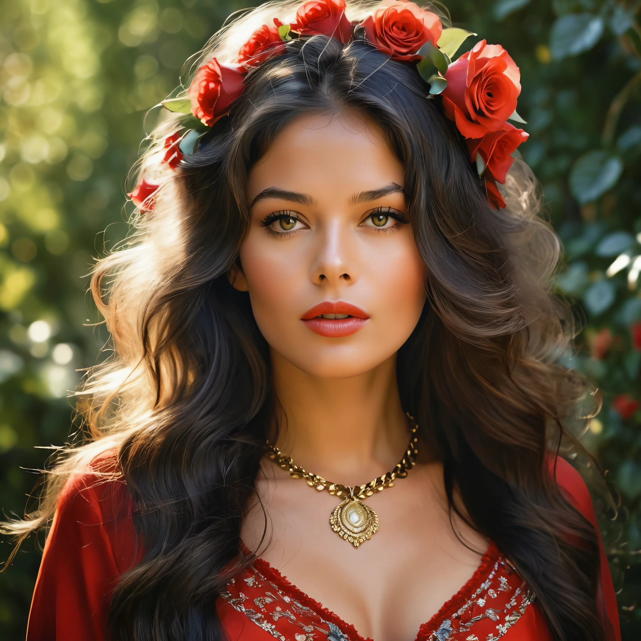 Create a highly detailed and realistic portrait of a young Brigitte Bardot with long, wavy black hair adorned with red roses. She has striking, expressive eyes and a calm, composed expression. She is wearing a vintage-style outfit with a necklace featuring a pendant. The background is a soft-focus natural setting with warm, dappled sunlight filtering through the leaves, enhancing the serene and romantic atmosphere. The style should be hyper-realistic with a touch of romanticism. Photo Realistic photo, vibrant colors, 16k