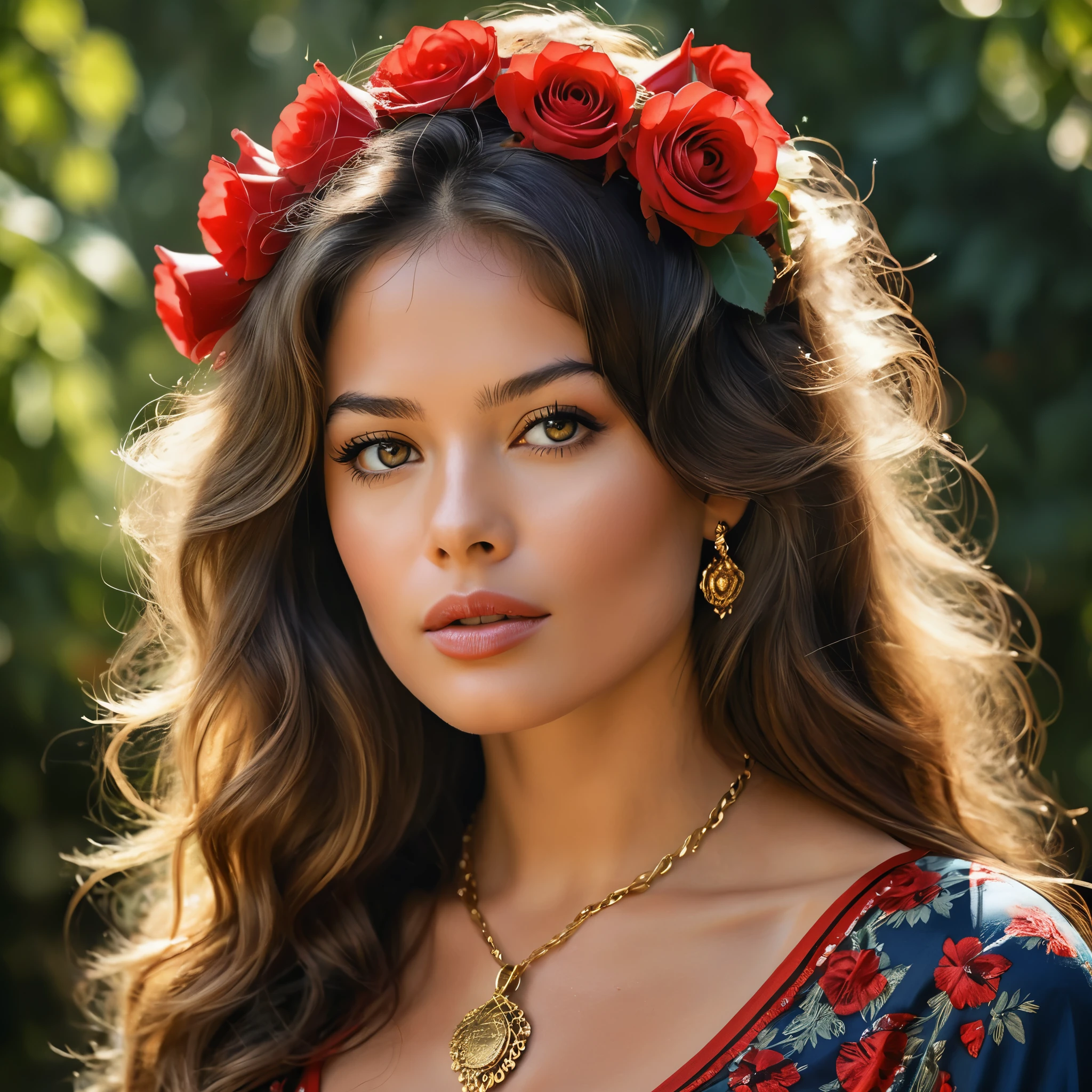 Create a highly detailed and realistic portrait of a young Brigitte Bardot with long, wavy black hair adorned with red roses. She has striking, expressive eyes and a calm, composed expression. She is wearing a vintage-style outfit with a necklace featuring a pendant. The background is a soft-focus natural setting with warm, dappled sunlight filtering through the leaves, enhancing the serene and romantic atmosphere. The style should be hyper-realistic with a touch of romanticism. Photo Realistic photo, vibrant colors, 16k