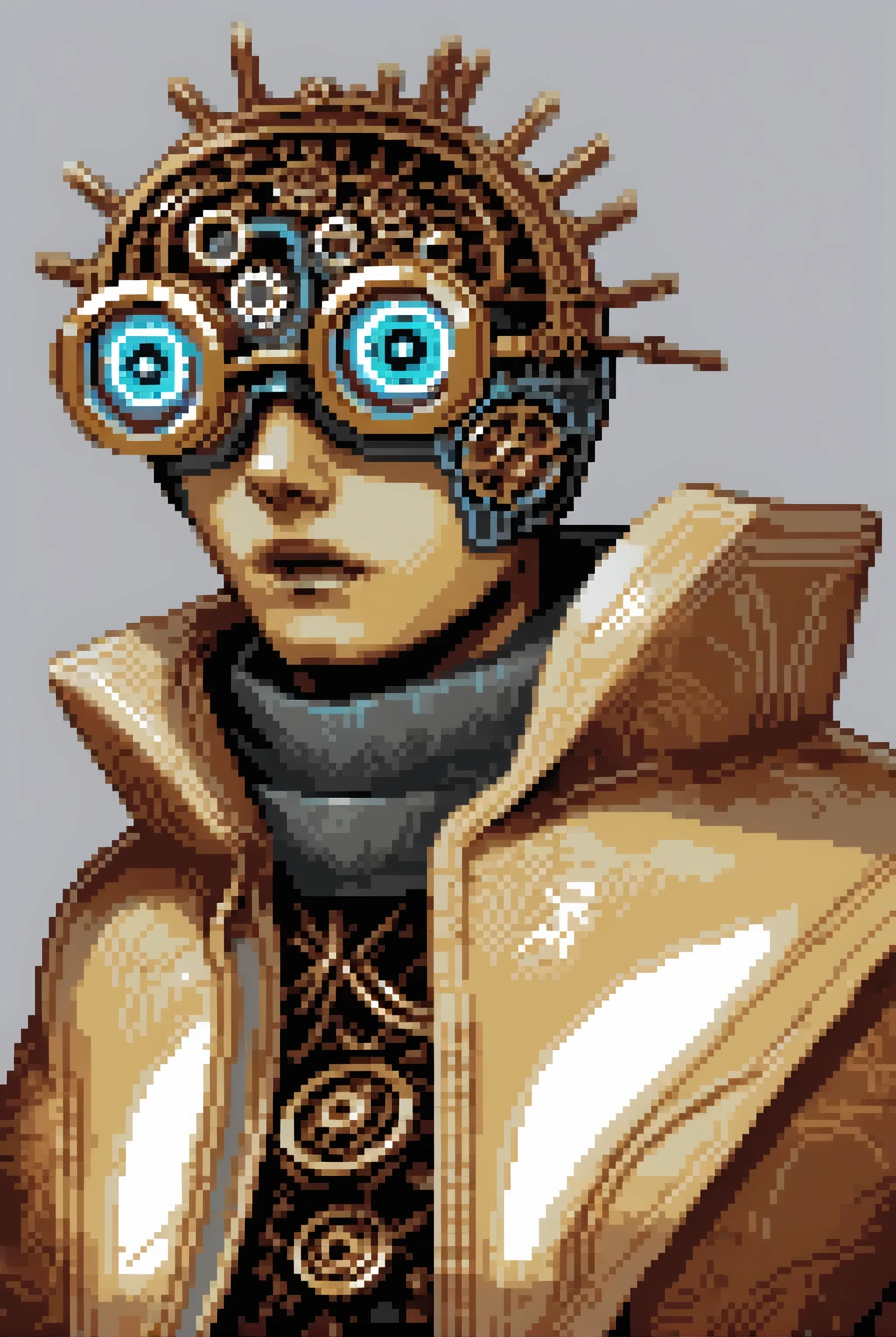 A character wearing an elaborate brass goggles on his forehead, Wearing a Victorian jacket decorated with gears and copper wire. They have a mechanical arm made of polished brass and intricate clockwork., Holding a glowing, Ethernet Devices. 