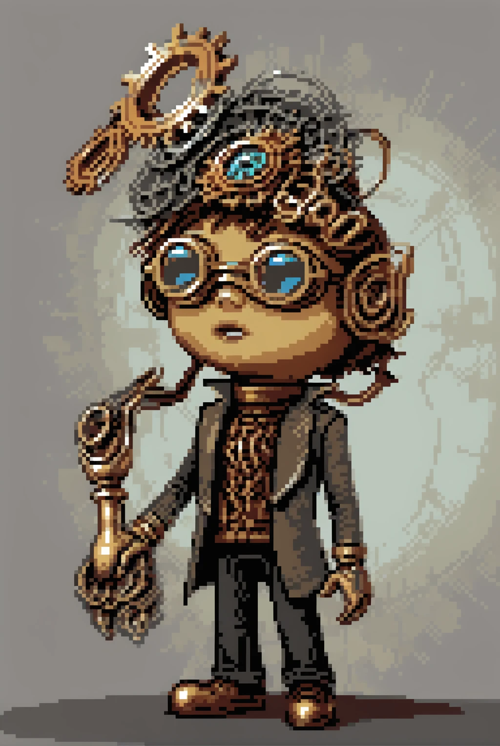 A character wearing an elaborate brass goggles on his forehead, Wearing a Victorian jacket decorated with gears and copper wire. They have a mechanical arm made of polished brass and intricate clockwork., Holding a glowing, Ethernet Devices. 