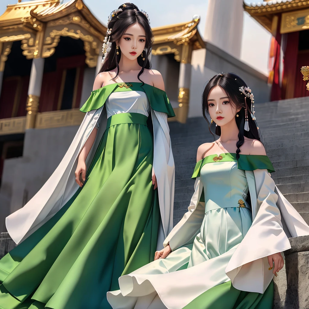 Girl in traditional Chinese clothing, Hanfu, Guzhen Hanfu women, green Hanfu,(long straight black hair:1.5), black eyes, black bun hairstyle, hair accessories ,white diamond earrings, Bangle Diameter, Dia Necklace, Clear eyes, Facing forward,put on makeup, Long eyelashes ,(Jade green long shoulder coat:1.5), (Very long skirt, white:1.5), ((Whole body)), ((from below)), Clear face, , (Very beautiful face, Beautiful mouth, beautiful eyes), detailed face, ((Ultra-fine skin)), In the dark, deep shadows, an ancient Chinese girl (Very slim figure 1.3) ,Plump breasts, elegant posture ,(palace in the sky:1.5), open mouth