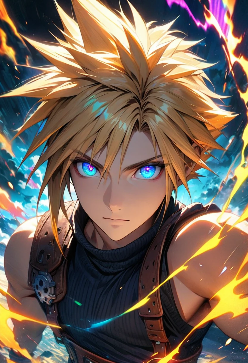 Symetrical,absurdres, highres, ultra detailed, HDR, masterpiece, extremely detailed face and eyes, Cloud Strife,final fantasy 7, yellow hair , , solo, man, handsome, ,, , Epic fight scene, colorful lightning effect, glowing glitters, colorful splashing effect, colorful flames,