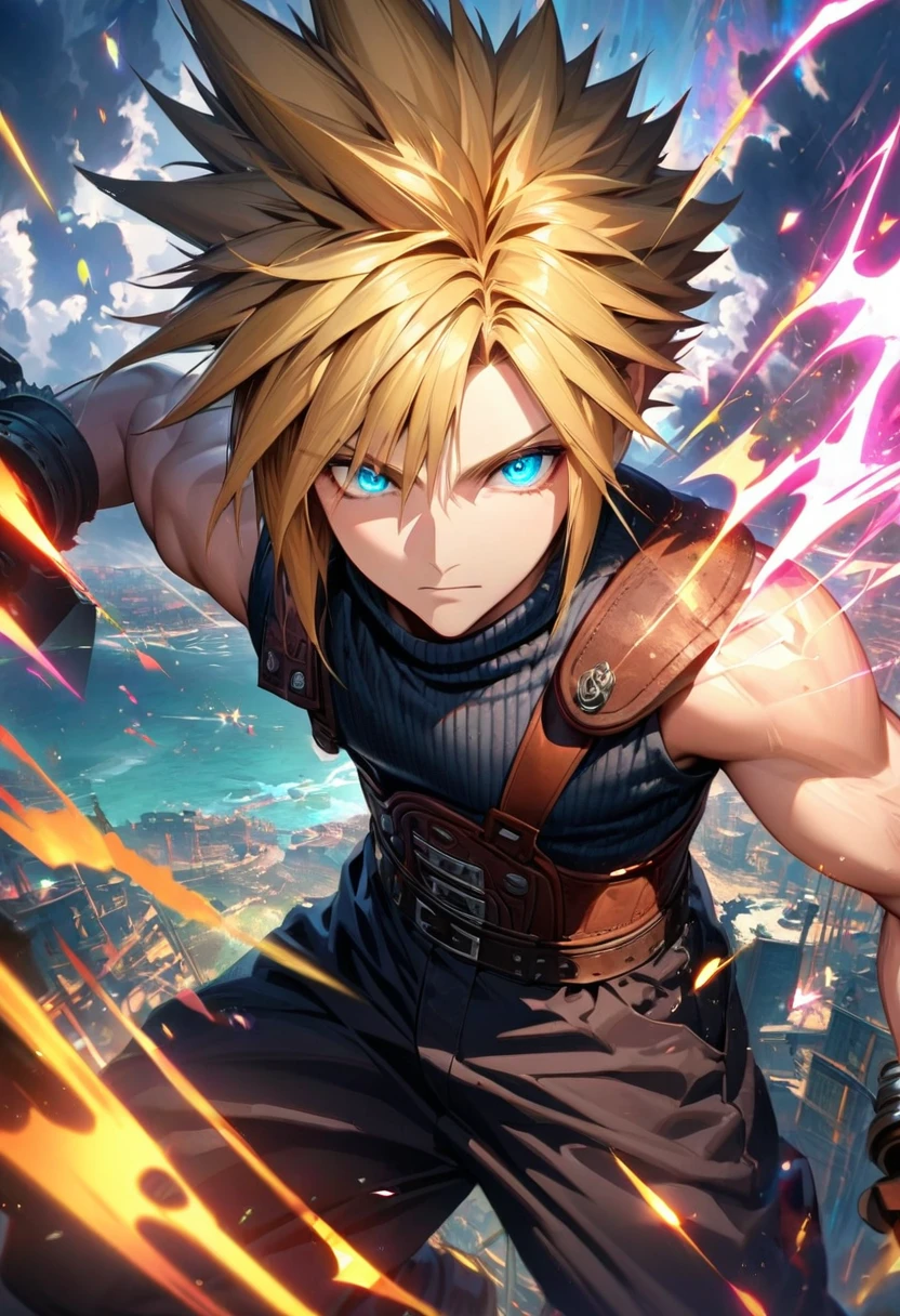 Symetrical,absurdres, highres, ultra detailed, HDR, masterpiece, extremely detailed face and eyes, Cloud Strife,final fantasy 7, yellow hair , , solo, man, handsome, ,, , Epic fight scene, colorful lightning effect, glowing glitters, colorful splashing effect, colorful flames, 