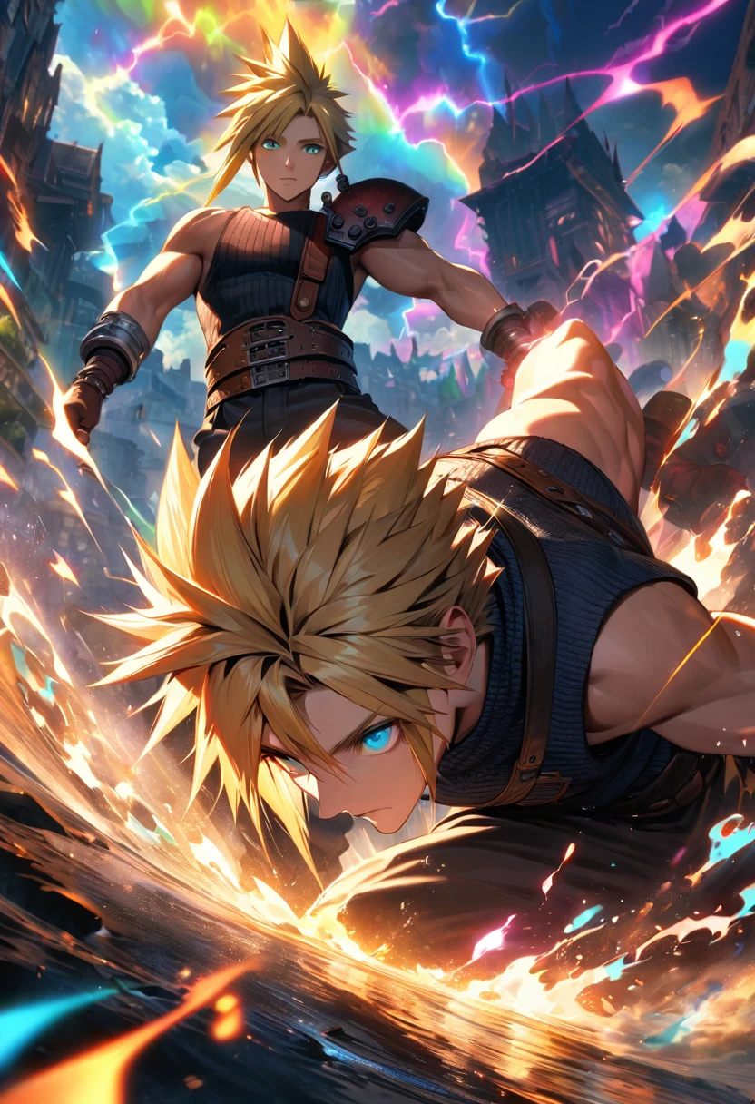 Symetrical,absurdres, highres, ultra detailed, HDR, masterpiece, extremely detailed face and eyes, Cloud Strife,final fantasy 7, yellow hair , , solo, man, handsome, ,, , Epic fight scene, colorful lightning effect, glowing glitters, colorful splashing effect, colorful flames,