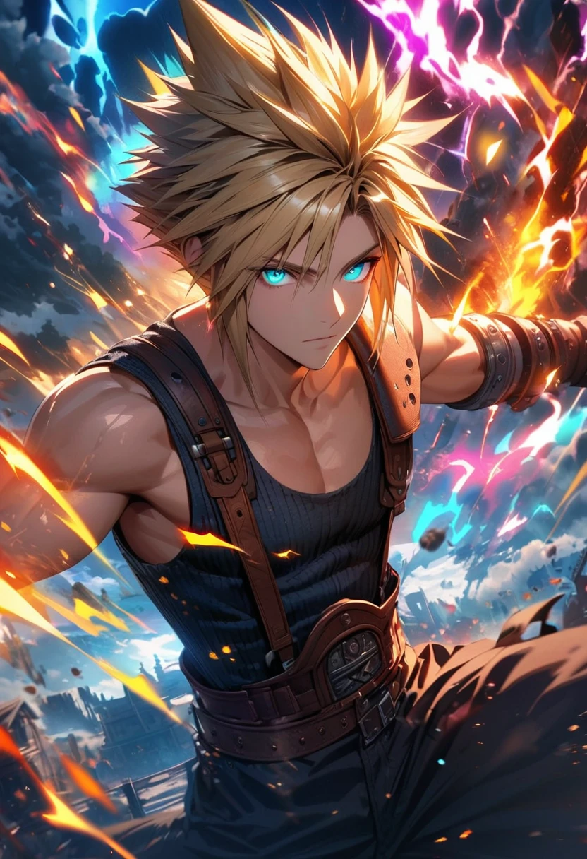 Symetrical,absurdres, highres, ultra detailed, HDR, masterpiece, extremely detailed face and eyes, Cloud Strife,final fantasy 7, yellow hair , , solo, man, handsome, ,, , Epic fight scene, colorful lightning effect, glowing glitters, colorful splashing effect, colorful flames, 