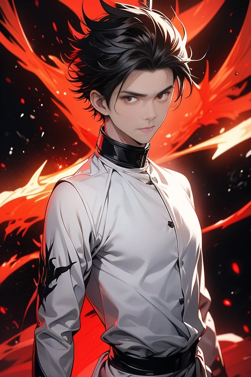 image of a character from the anime series jujutsu kaisen. The character is a young man with short black hair and piercing red eyes, wearing a white and black outfit with a red symbol on his chest. He is standing with his arms crossed in front of him, looking directly at the viewer with a serious expression. The background is black with a hint of red light shining on the right side of the image.