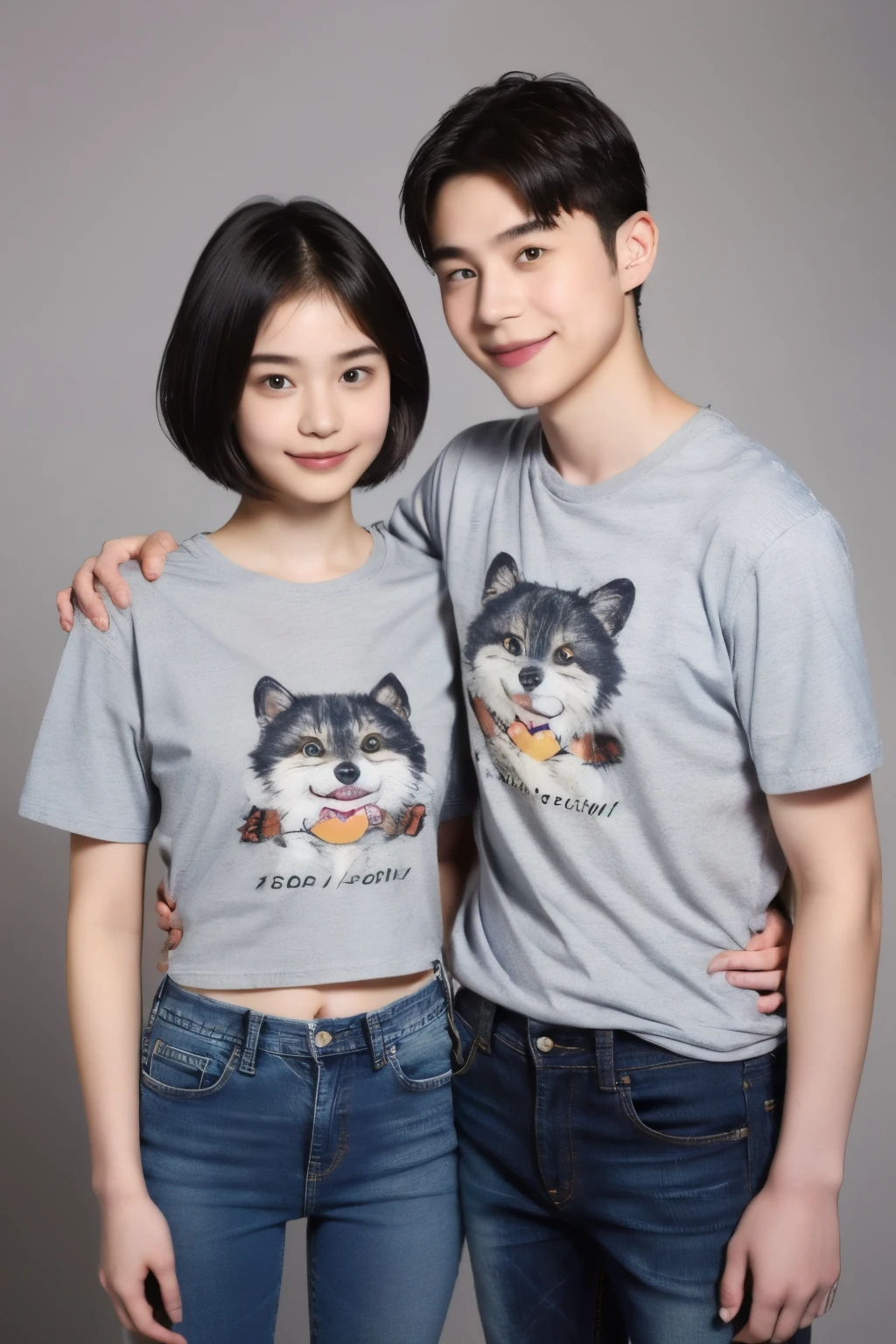 250 (18 year old female and 18 year old male), (short hair),kind, lipstick, (jeans), (Animal characterＴshirt), smile