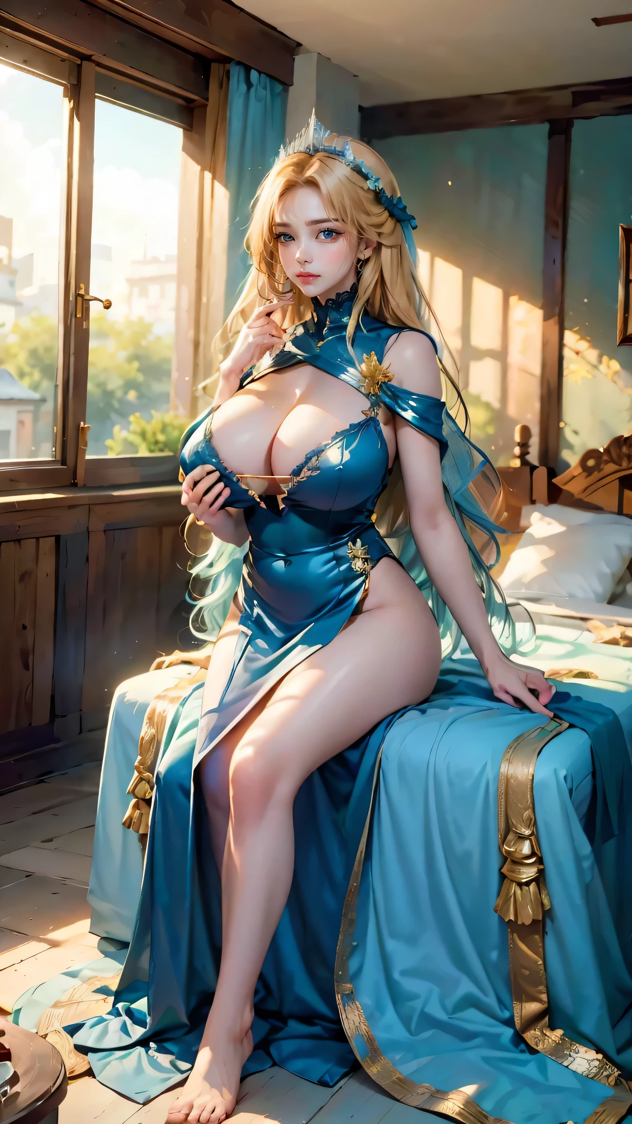 Best quality, masterpiece, ultra high res, raw photo, beautiful and aesthetic, deep shadow, fairy theme,(ultra detailed:1.3), 1girl, sitting pose, headdress, (beautiful face, detailed eye:1.2), embarrassed, drill hair, long hair, blonde hair, gradient hair, yellow eyes, solo, (busty breasts, gigantic breasts:1.2), big hair, blue hair, divine goddess, looking at viewer, indoors, royal palace, luxurious bedroom, canopy bed, room full of crystal, astraea, full body, crystalline dress, frills, (see through:1.2) 