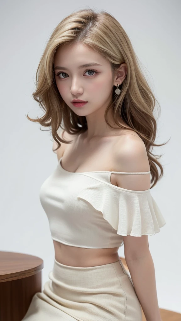 (((forehead、White Blonde Hair、Northern Europe、White people、beautiful girl、Blonde、White background、Tank top、Off-the-shoulder blouse、mini skirt、long hair、Perm)))、table top, highest quality, figure, super detailed, finely, High resolution, 8k wallpaper, Perfect dynamic composition, detailed and beautiful eyes, Deco out,bionde, medium hair, super big breasts, Natural color lip,white background, random cute poses,frill dress