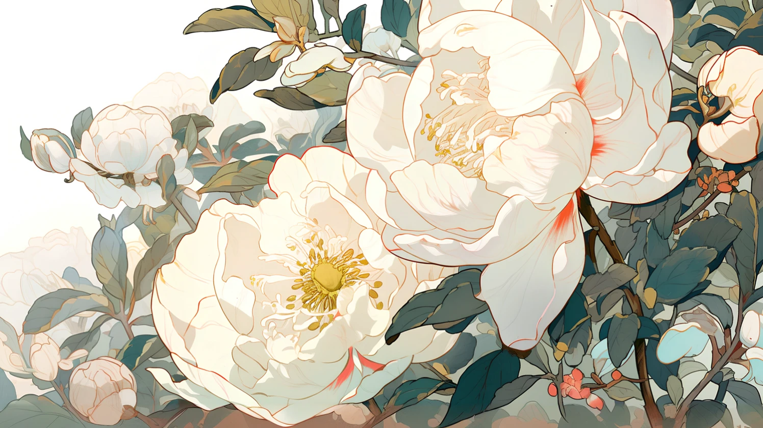 There are two white flowers on the branch, Digital illustration style, Sam Bosma, Full color illustrations, jc leyendecker and Sachinteng, Alphonse Mucha and Ross Draf, Translucent rose gorgeous, A beautiful artistic illustration, james jean soft light 4k, james jean soft light 4k, No gradient, Sachinteng