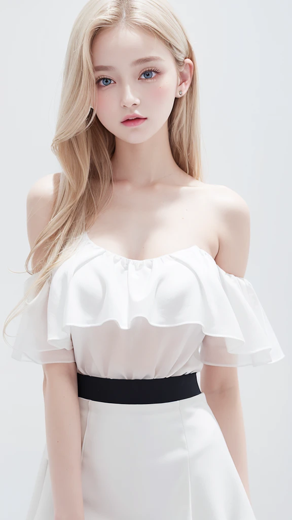 (((Tank top、Off-the-shoulder blouse、mini skirt、White background、Big Breasts)))、forehead、Big Breasts、Northern Europe、Russia、beautiful girl、Platinum Blonde Hair、Straight long hair、Hitting the face and front of the eyes、Big blue eyes、Sheer white and wet nightgown、Northern Europeの若者、Perfect body、White tendons、Glowing Skin、Young and beautiful skin、A perfect and beautiful little face、Bright makeup、Pale pink lips、Bright expression、16-year-old girl、lipstick、Deceptive advertising、Viewer&#39;s vision、Golden Hour Lighting、Bokeh Atmosphere Perspective、detailed、Movie Light、複雑なdetailed、High resolution、 フェイスデザインのdetailedな特徴、Attention to detail、Clear focus、Smoothness、aesthetics、Printed、Octane、{{masterpiece}}