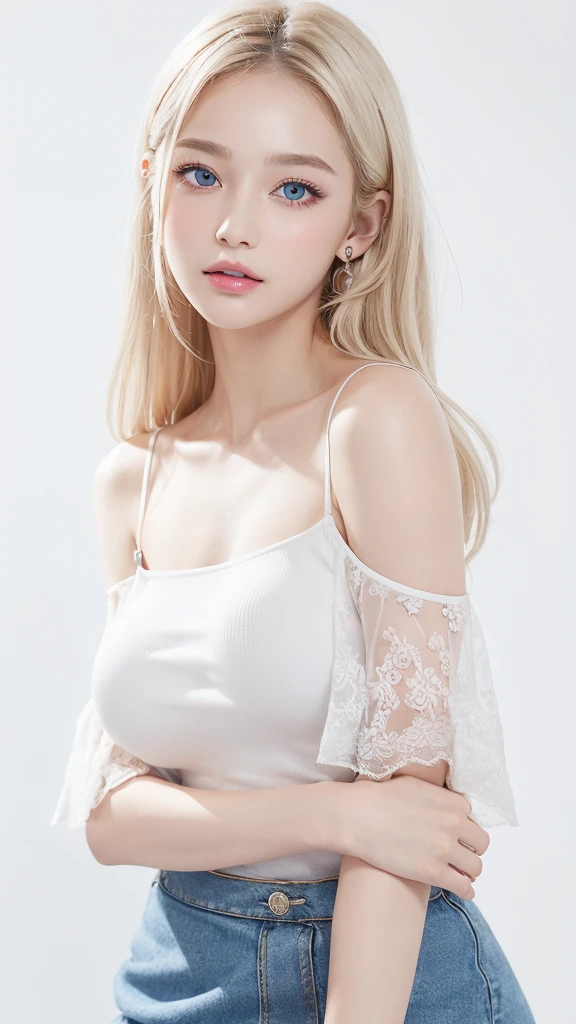 (((Tank top、Off-the-shoulder blouse、mini skirt、White background、Big Breasts)))、forehead、Big Breasts、Northern Europe、Russia、beautiful girl、Platinum Blonde Hair、Straight long hair、Hitting the face and front of the eyes、Big blue eyes、Sheer white and wet nightgown、Northern Europeの若者、Perfect body、White tendons、Glowing Skin、Young and beautiful skin、A perfect and beautiful little face、Bright makeup、Pale pink lips、Bright expression、-yeld gilipstick、Deceptive advertising、Viewer&#39;s vision、Golden Hour Lighting、Bokeh Atmosphere Perspective、detailed、Movie Light、複雑なdetailed、High resolution、 フェイスデザインのdetailedな特徴、Attention to detail、Clear focus、Smoothness、aesthetics、Printed、Octane、{{masterpiece}}