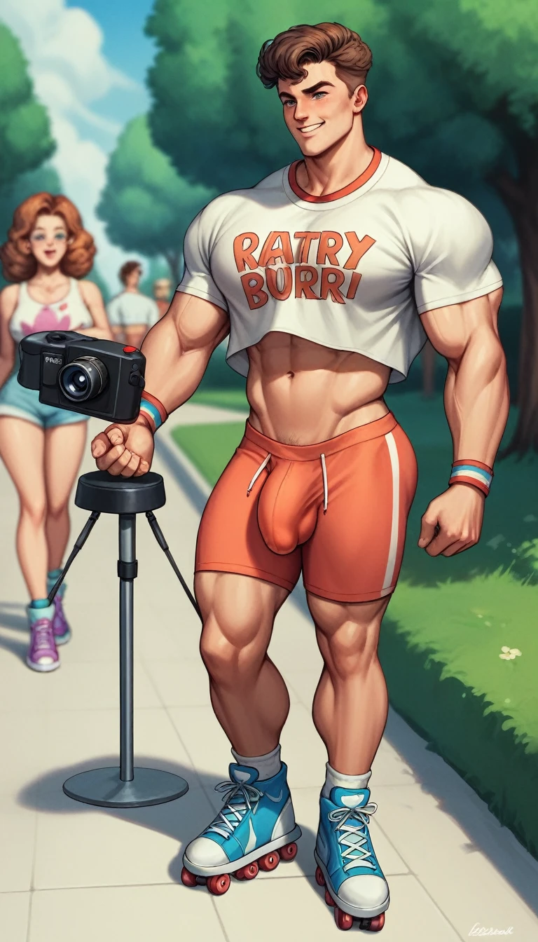 best quality, masterpiece, amazing details, (handsome muscular man with curly brown hair), exaggerated tiny waist, oversized white crop top tshirt with retro print, tiny booty short, bulge, penis outline, rollerblading fast on sidewalk, zooming towards camera, in a crowded park, perfect fingers, no watermark, no logo, no signature