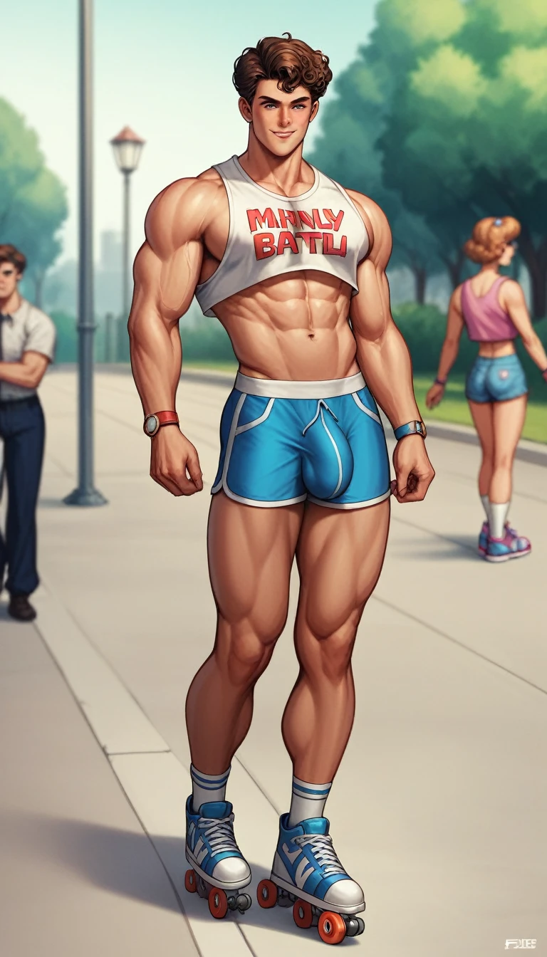 best quality, masterpiece, amazing details, (handsome muscular man with curly brown hair), exaggerated tiny waist, oversized white crop top tshirt with retro print, tiny booty short, bulge, penis outline, rollerblading fast on sidewalk, zooming towards camera, in a crowded park, perfect fingers, no watermark, no logo, no signature