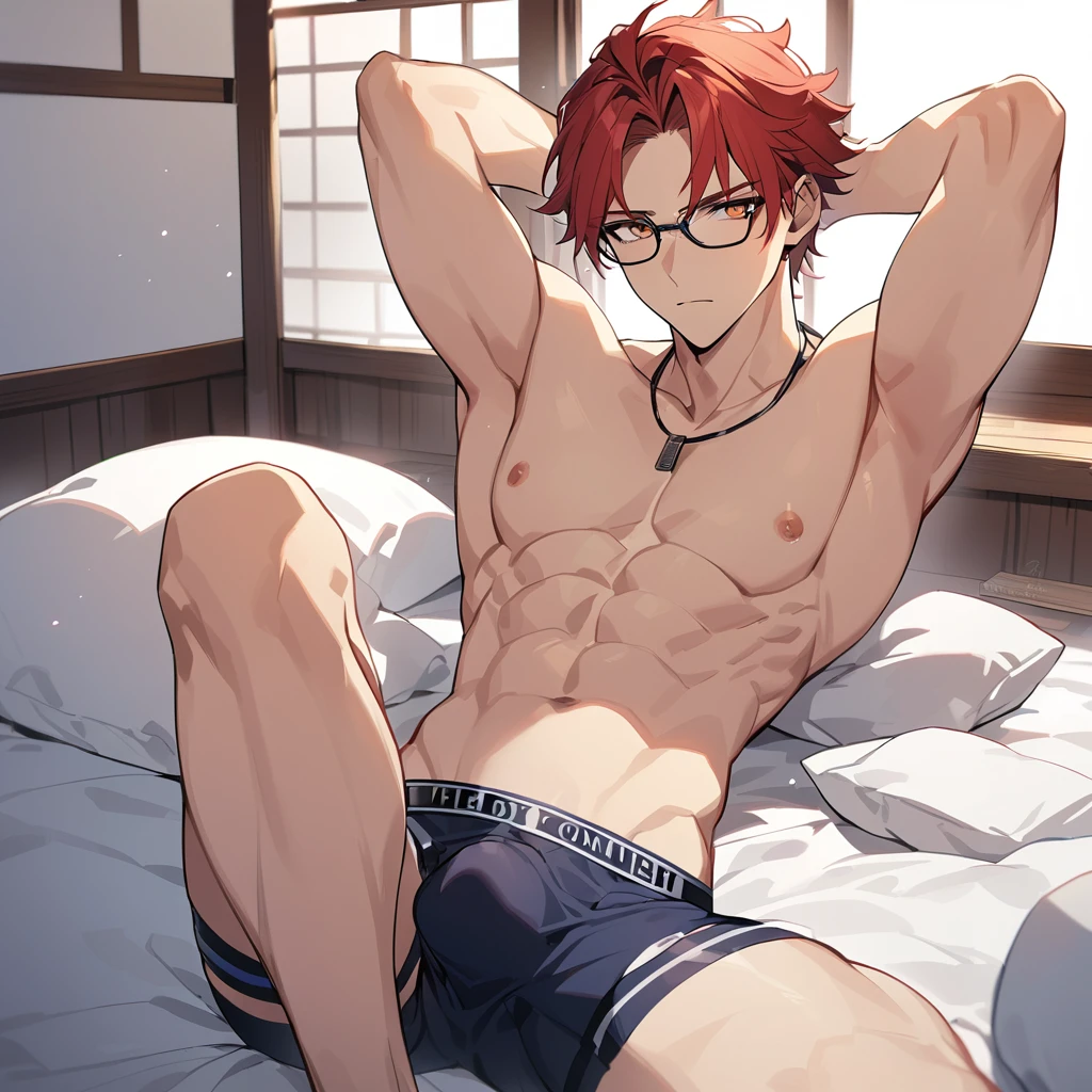 1 cute male, looking at the camera, serious, Red hair, golden eye, glasses, wearing no shirt, Athletic Belt, lying in the bed, japanese house , Handsome boy, hot body, wearing no shirt, black neck necklace, Athletic Belt, bulge Calvin Klain Blue underwear, hands behind head, cute male, wearing no shirt, Athletic Belt, , cute boy) hot body.