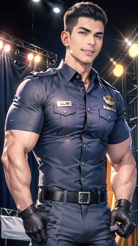 handsome man sit on the table ,(crew cut short hair:1.2),black eye,smile,open mouth
(navy police uniform:1.2),(shirt short sleeves:1.2),collar,(shirt covered over:1.2),(name tag and Police badge:1.2),(shirt no buttons:1.1),(black_gloves:1.3),
(Navy blue cargo:1.2),Korean guy,korean men,(High gloss details),(chest muscles:1.2),(large arm muscles:1.2),blood vessel,Big muscles,Broad shoulders,looking at the audience,Balancing the eyes,middle of the road,(stage:1.4),
