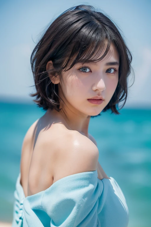 (award winning, 8k, super detailed, high resolution, best quality, photography, portrait), 1girl, solo, beautiful girl, beautiful eyes, detailed eyes, black eye, light blue dress, short hair, black hair, off shoulder ocean background, (from side)