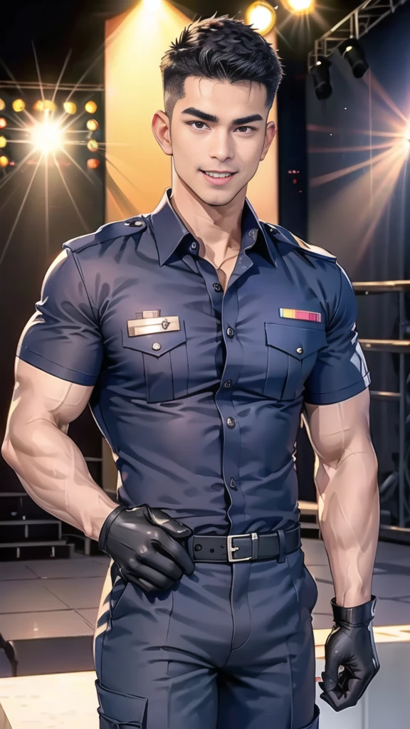 handsome man  sit on the table ,(crew cut short hair:1.2),black eye,smile,open mouth
(navy police uniform:1.2),(shirt short sleeves:1.2),collar,(shirt covered over:1.2),(name tag and Police badge:1.2),(shirt no buttons:1.1),(black_gloves:1.3),
(Navy blue cargo:1.2),Korean guy,korean men,(High gloss details),(chest muscles:1.2),(large arm muscles:1.2),blood vessel,Big muscles,Broad shoulders,looking at the audience,Balancing the eyes,middle of the road,(stage:1.4),