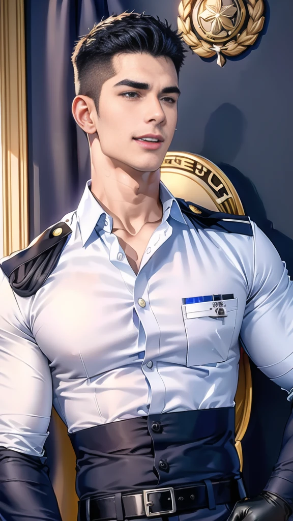 handsome man  sit on the table ,(crew cut short hair:1.2),black eye,smile,open mouth
(navy police uniform:1.2),(shirt short sleeves:1.2),collar,(shirt covered over:1.2),(name tag and Police badge:1.2),(shirt no buttons:1.1),(black_gloves:1.3),
(Navy blue cargo:1.2),Korean guy,korean men,(High gloss details),(chest muscles:1.2),(large arm muscles:1.2),blood vessel,Big muscles,Broad shoulders,looking at the audience,Balancing the eyes,middle of the road,(stage:1.4),