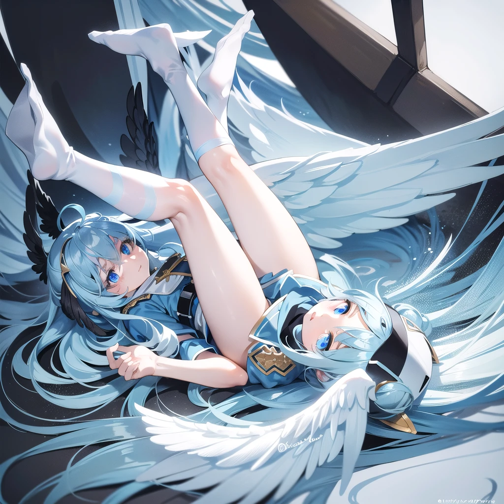masterpiece, highest quality, highest resolution, clear_image, detailed details, light blue hair, long hair, one girl, light blue eyes, white pantyhose, black military clothing, light blue scarf, light blue wings (4 wings), cute, full body, no water marks