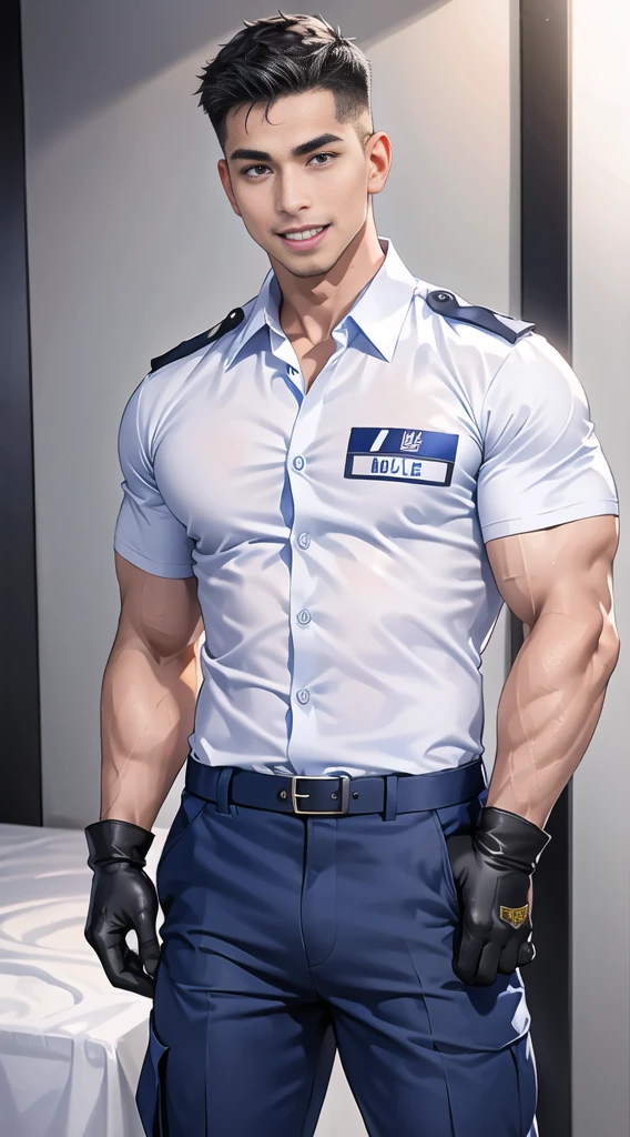 handsome man sit on the table ,(crew cut short hair:1.2),black eye,smile,open mouth (navy police uniform:1.2),(shirt short sleeves:1.2),collar,(shirt covered over:1.2),(name tag and Police badge:1.3),(shirt no buttons:1.1),(black_gloves:1.3), (Navy blue cargo:1.2),Korean guy,korean men,(High gloss details),(chest muscles:1.2),(large arm muscles:1.2),blood vessel,Big muscles,Broad shoulders,looking at the audience,Balancing the eyes,middle of the road,(stage:1.2),