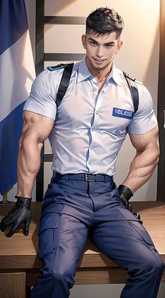 handsome man sit on the table ,(crew cut short hair:1.2),black eye,smile,open mouth (navy police uniform:1.2),(shirt short sleeves:1.2),collar,(shirt covered over:1.2),(name tag and Police badge:1.3),(shirt no buttons:1.1),(black_gloves:1.3), (Navy blue cargo:1.2),Korean guy,korean men,(High gloss details),(chest muscles:1.2),(large arm muscles:1.2),blood vessel,Big muscles,Broad shoulders,looking at the audience,Balancing the eyes,middle of the road,(stage:1.2),