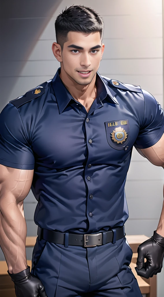 handsome man sit on the table ,(crew cut short hair:1.2),black eye,smile,open mouth (navy police uniform:1.2),(shirt short sleeves:1.2),collar,(shirt covered over:1.2),(name tag and Police badge:1.3),(shirt no buttons:1.1),(black_gloves:1.3), (Navy blue cargo:1.2),Korean guy,korean men,(High gloss details),(chest muscles:1.2),(large arm muscles:1.2),blood vessel,Big muscles,Broad shoulders,looking at the audience,Balancing the eyes,middle of the road,(stage:1.2),