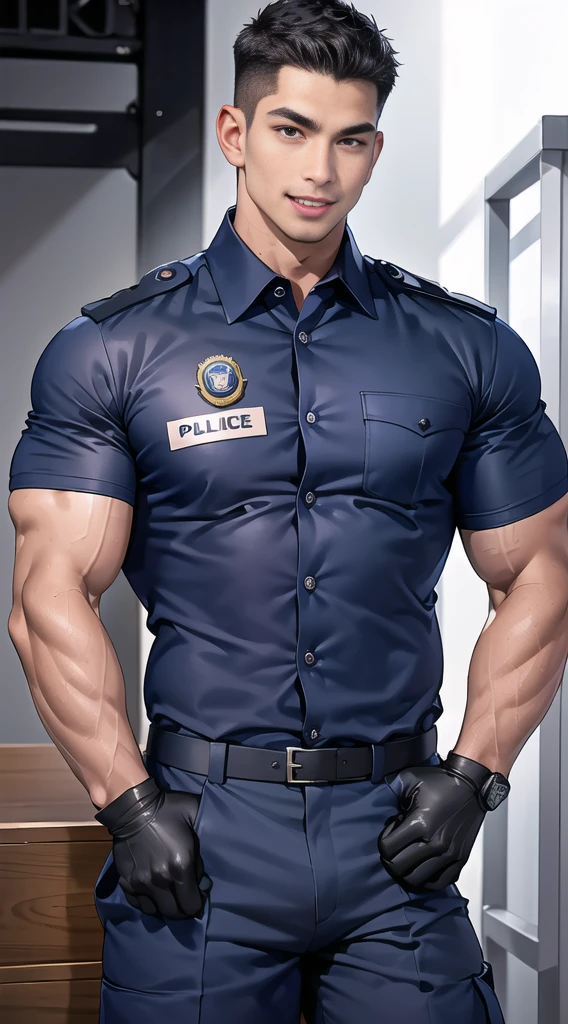 handsome man sit on the table ,(crew cut short hair:1.2),black eye,smile,open mouth (navy police uniform:1.2),(shirt short sleeves:1.2),collar,(shirt covered over:1.2),(name tag and Police badge:1.3),(shirt no buttons:1.1),(black_gloves:1.3), (Navy blue cargo:1.2),Korean guy,korean men,(High gloss details),(chest muscles:1.2),(large arm muscles:1.2),blood vessel,Big muscles,Broad shoulders,looking at the audience,Balancing the eyes,middle of the road,(stage:1.2),