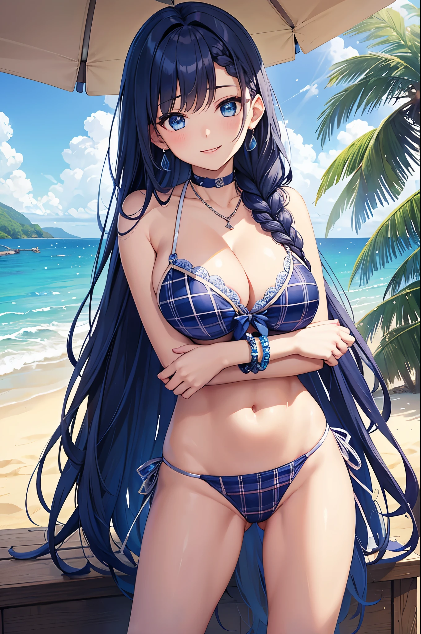 Highest quality、Highest quality、masterpiece、(8K),beauty(Age 25)、Navy blue long hair(Braiding of sides)、blue eyes、Sexy Bikini(Plaid)、Big cleavage、(Big Breasts)、smile、blue necklace、Blue Earrings、background(Beach)、Please open your mouth wide、bracelet、Chest puffing pose、Blue choker